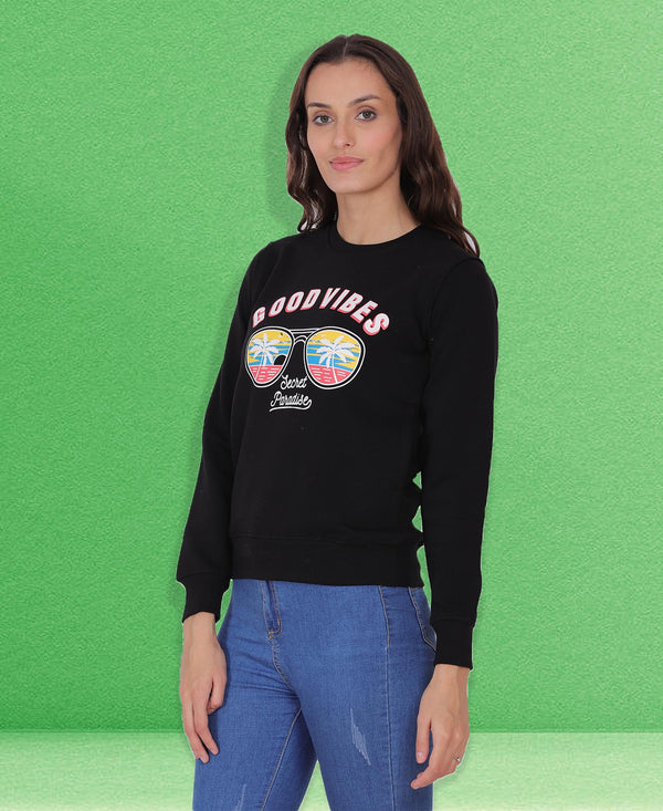 HiFlyers Women Black Regular Fit Printed Round Neck Sweatshirt