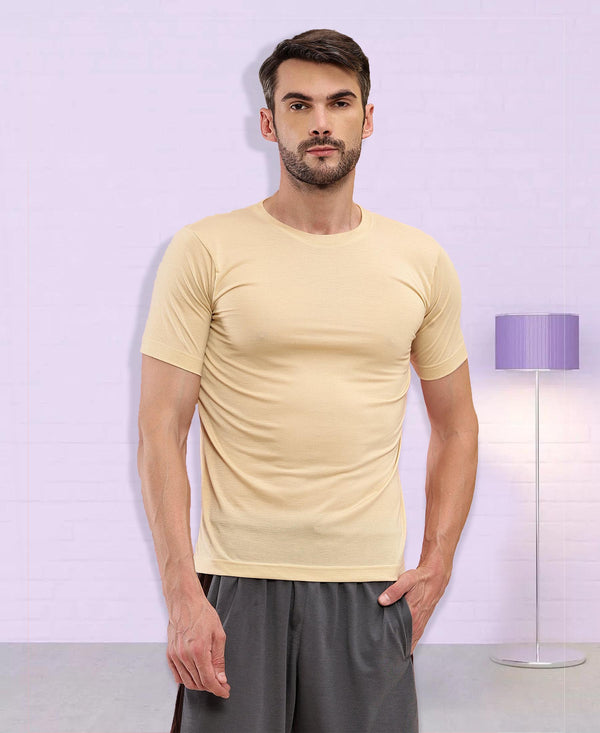 T.T Mens Regular FitPoly Jersey Round Neck Half Sleeve T-Shirt- Ivory