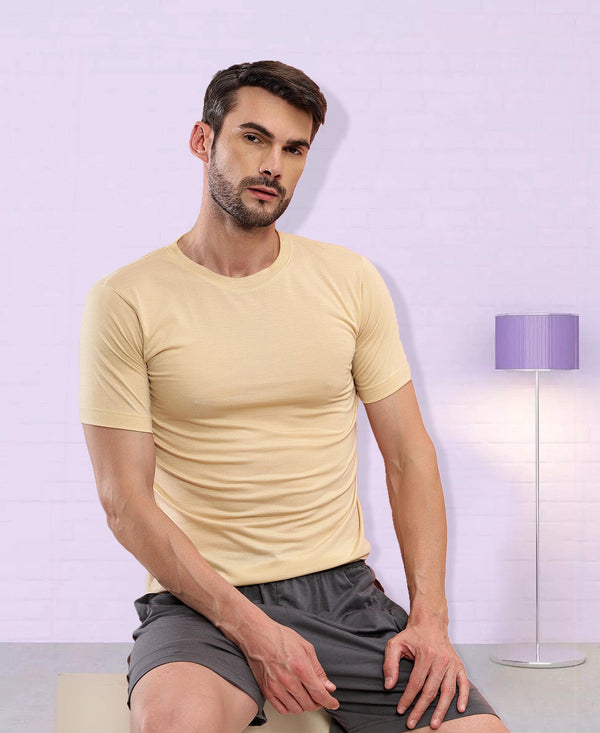 T.T Mens Regular FitPoly Jersey Round Neck Half Sleeve T-Shirt- Ivory