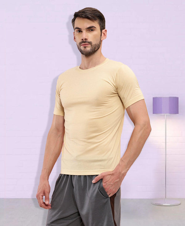 T.T Mens Regular FitPoly Jersey Round Neck Half Sleeve T-Shirt- Ivory
