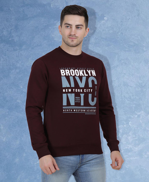 HiFlyers Mens Maroon Slim Fit Printed Round Neck Sweatshirt