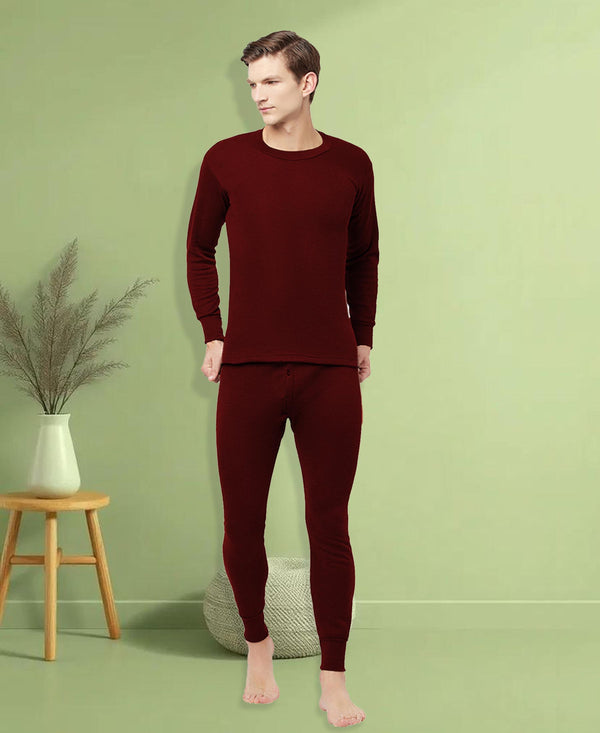 T.T. Men Regular Fit Hotpot Dyed Cotton Fleece Heavy Winter Thermal Set (Top & Bottom) -Maroon
