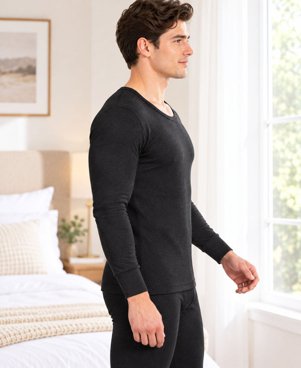 T.T. Men Regular Fit Cotton Rich With Elastomeric Finish Thermal Top Pack Of 2-Black