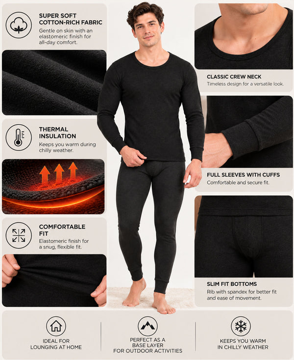 T.T. Men Regular Fit Cotton Rich With Elastomeric Finish Thermal Top Pack Of 2-Black
