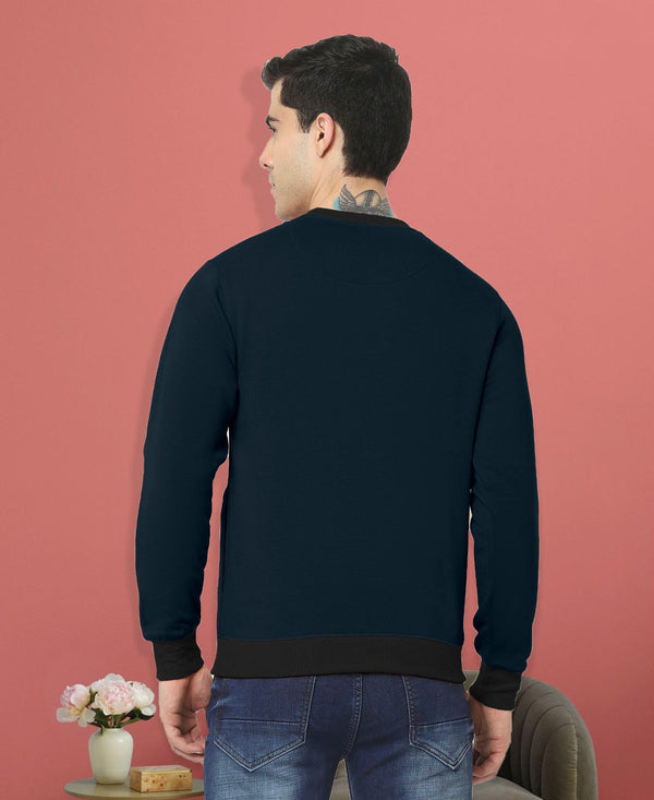 HiFlyers Men Slim Fit Cotrast Rib Cotton Fleece Round Neck Sweatshirt -Navy