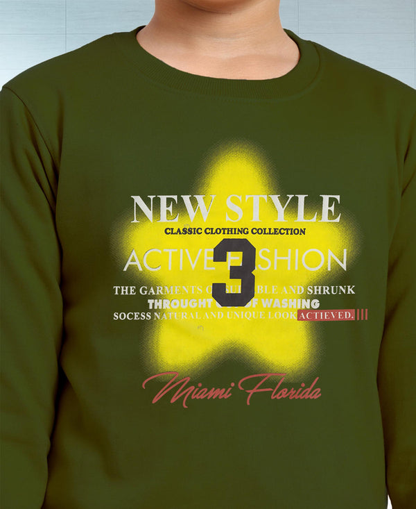 HiFlyers Boys Regular Fit | Premium Cotton Fleece |Full Sleeves|Round Neck|Trendy Winter Wear| Sweatshirts For Boys And Girls -Olive