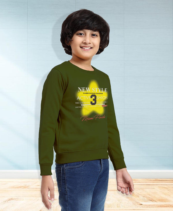 HiFlyers Boys Regular Fit | Premium Cotton Fleece |Full Sleeves|Round Neck|Trendy Winter Wear| Sweatshirts For Boys And Girls -Olive