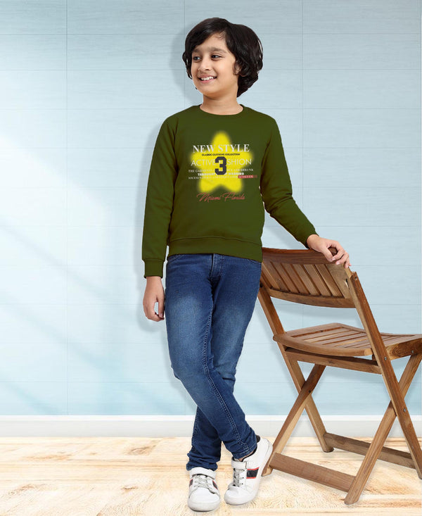 HiFlyers Boys Regular Fit | Premium Cotton Fleece |Full Sleeves|Round Neck|Trendy Winter Wear| Sweatshirts For Boys And Girls -Olive