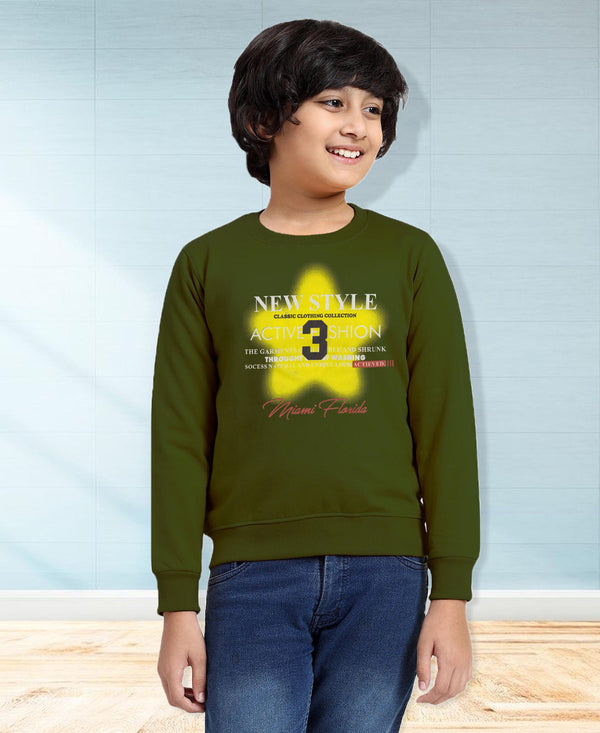 HiFlyers Boys Regular Fit | Premium Cotton Fleece |Full Sleeves|Round Neck|Trendy Winter Wear| Sweatshirts For Boys And Girls -Olive