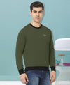 HiFlyers Men Slim Fit Cotrast Rib Cotton Fleece Round Neck Sweatshirt -Olive
