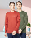 T.T. Men Cotton Polyster Regular Fit Solid Full Sleeve T-Shirt Pack Of 2 (Olive-Orange )