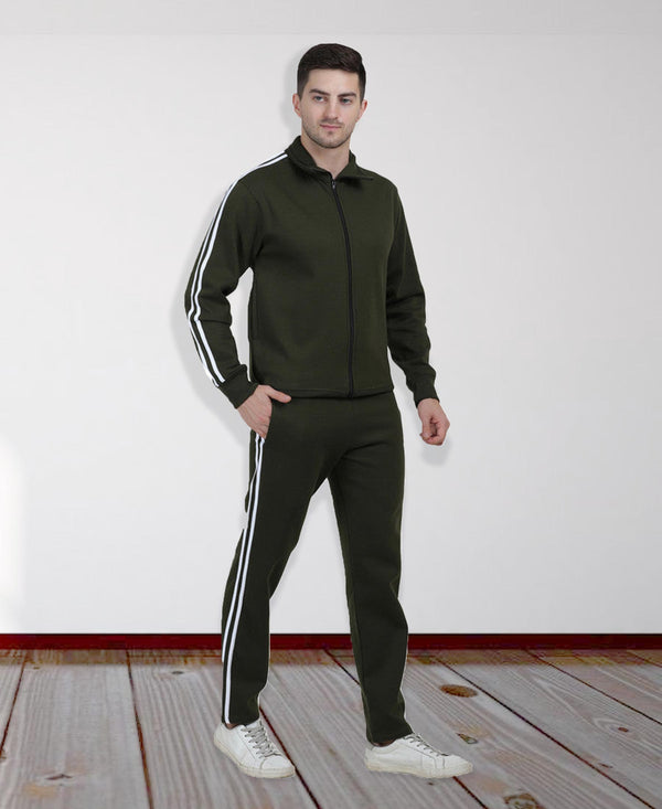 HiFlyers Mens Olive Regular Fit Solid Fleece Tracksuit