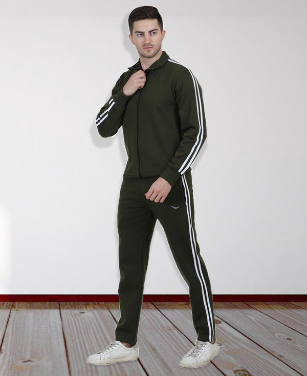 HiFlyers Mens Olive Regular Fit Solid Fleece Tracksuit