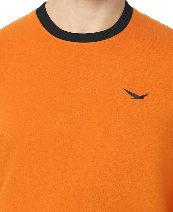 HiFlyers Men Slim Fit Cotrast Rib Cotton Fleece Round Neck Sweatshirt -Orange