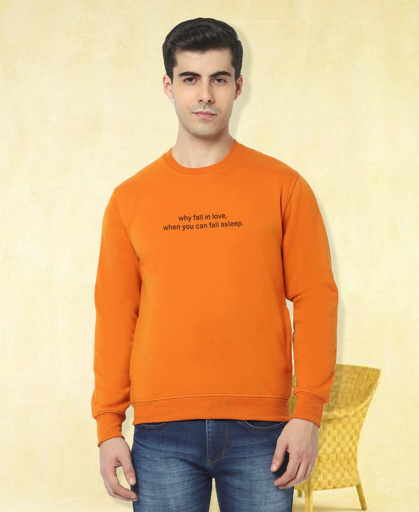 HiFlyers Men Slim Fit Slogan Printed Cotton Fleece Sweatshirt -Mustard