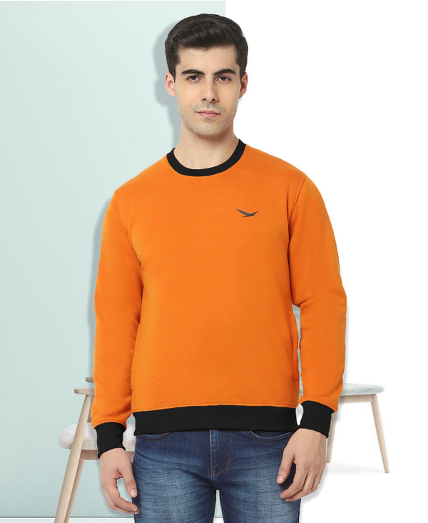 HiFlyers Men Slim Fit Cotrast Rib Cotton Fleece Round Neck Sweatshirt -Orange