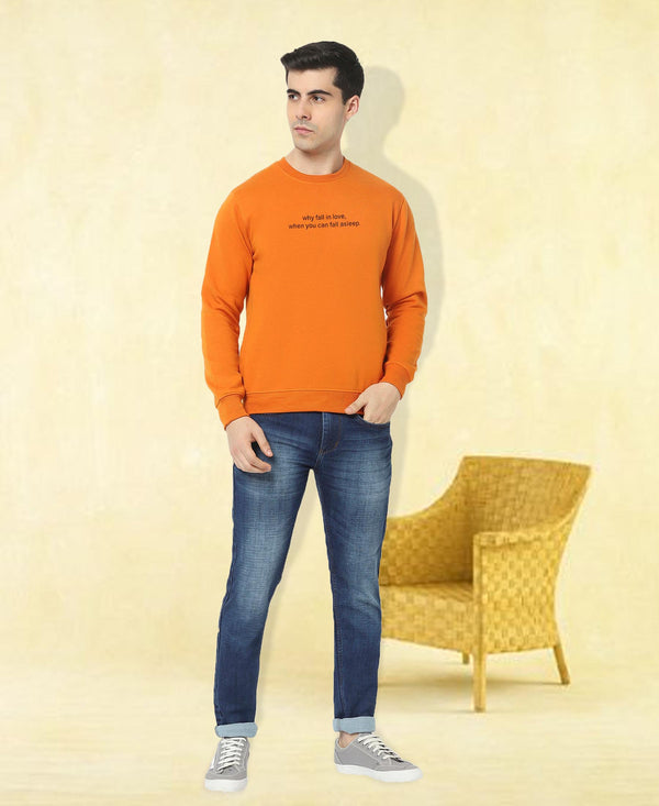 HiFlyers Men Slim Fit Slogan Printed Cotton Fleece Sweatshirt -Mustard