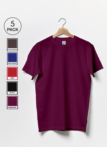 T.T. Men'S Eco Friendly (Cotton Rich) Recycled Fabric Solid Regular Fit Round Neck T-Shirt Pack Of 5 -Coffee-Navy-Red-Black-Maroon