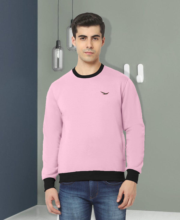 HiFlyers Men Slim Fit Cotrast Rib Cotton Fleece Round Neck Sweatshirt -Pink