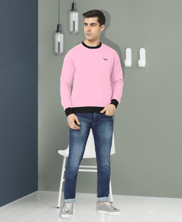 HiFlyers Men Slim Fit Cotrast Rib Cotton Fleece Round Neck Sweatshirt -Pink