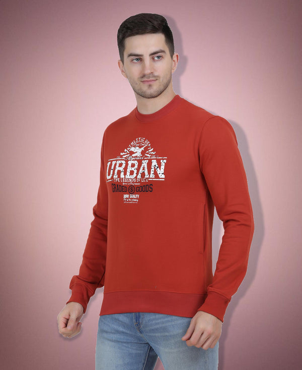 HiFlyers Mens Rust Slim Fit Printed Round Neck Sweatshirt