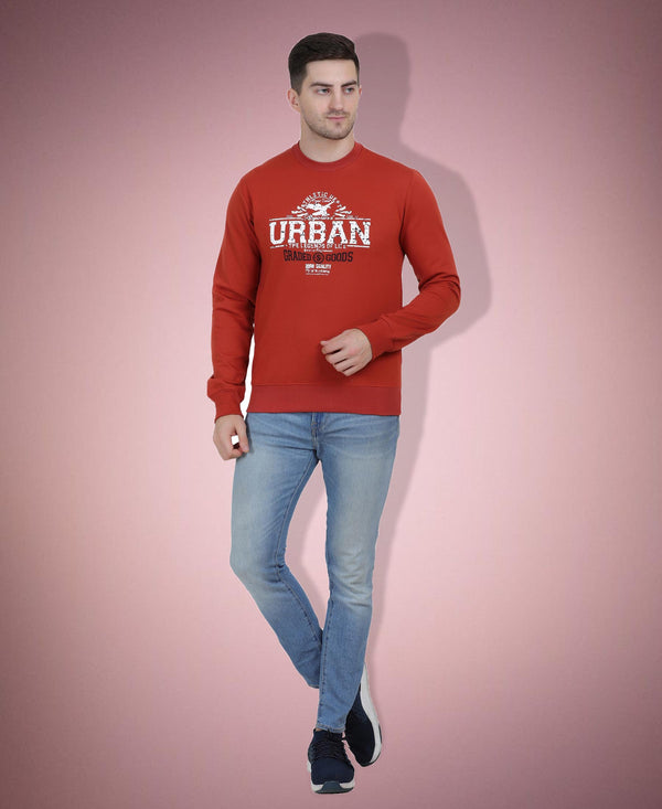 HiFlyers Mens Rust Slim Fit Printed Round Neck Sweatshirt