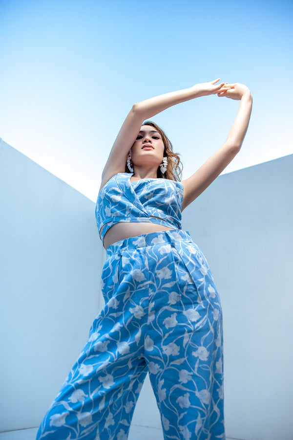 Garden Party Sky Blue Wrap Coat With Trouser (Combo)