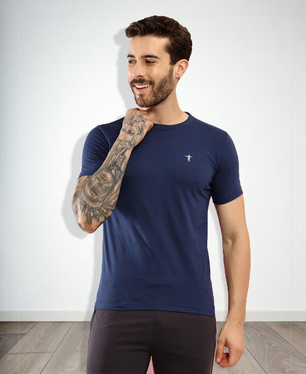T.T. Men Slim Fit 100% Cotton Cool Round Neck Half Sleev Solid Tshirt Navy