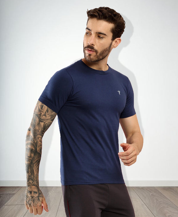 T.T. Men Slim Fit 100% Cotton Cool Round Neck Half Sleev Solid Tshirt Navy