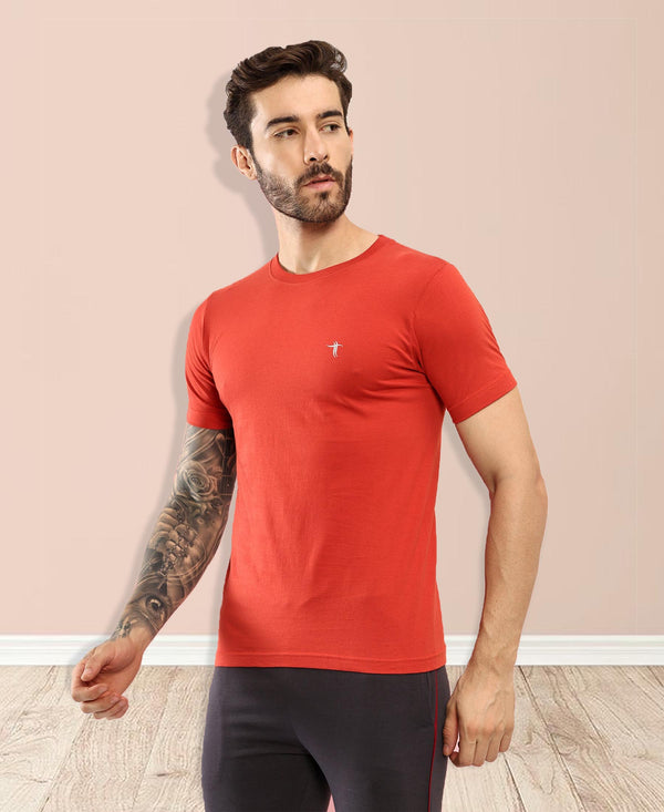 T.T. Men Slim Fit 100% Cotton Cool Round Neck Half Sleev Solid Tshirt Rust