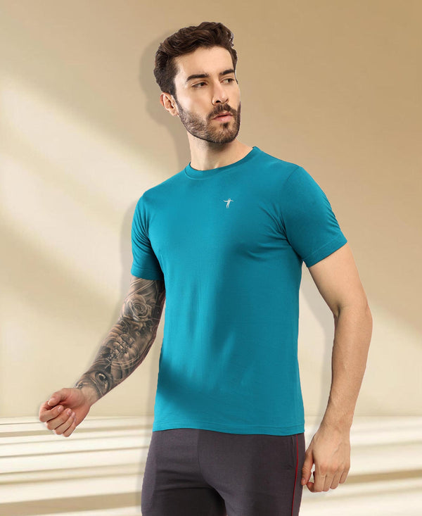 T.T. Men Slim Fit 100% Cotton Cool Round Neck Half Sleev Solid Tshirt Teal Blue