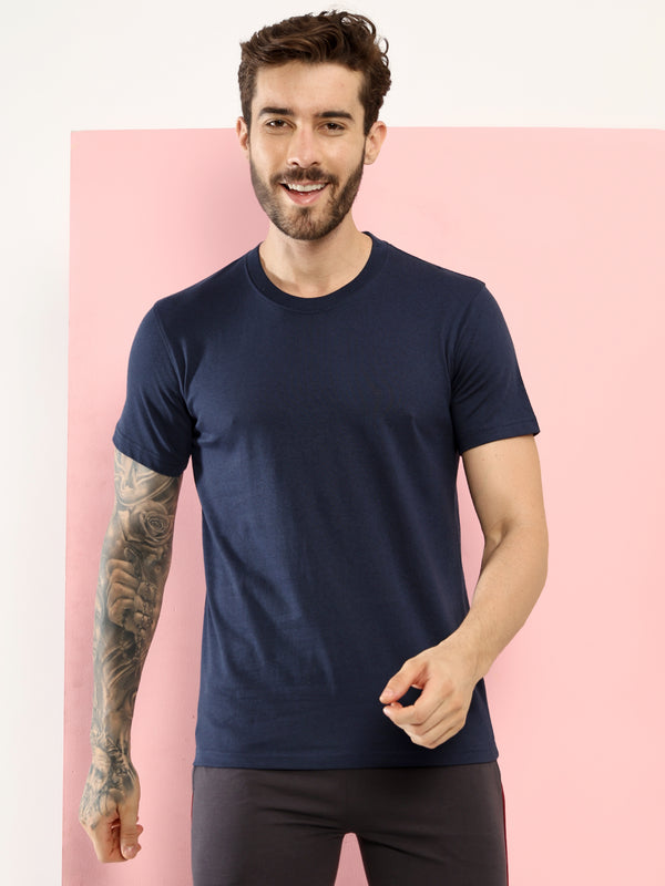 T.T. Men Eco Friendly Cotton Blended Fabric Solid Round Neck Regular Fit Navy