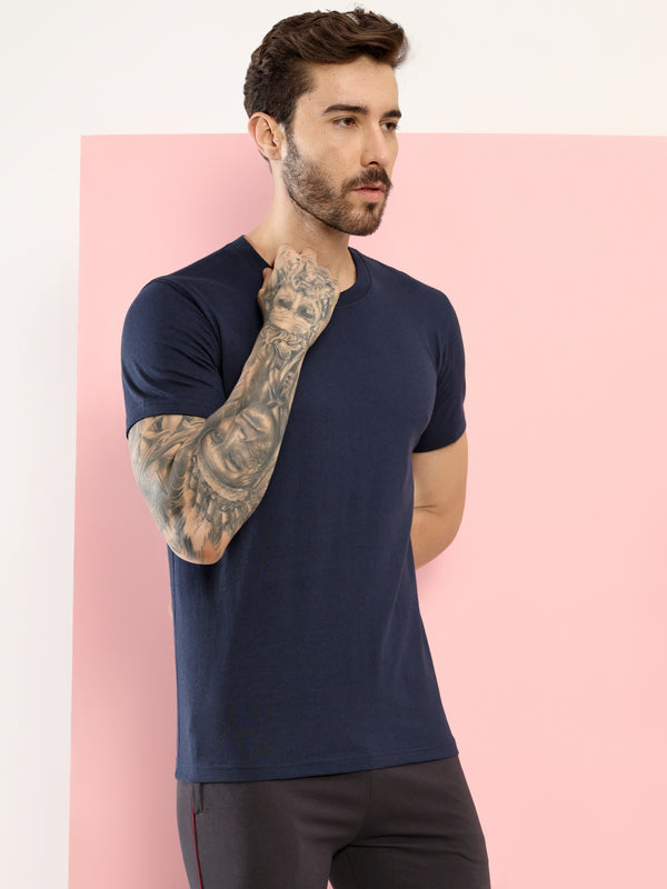 T.T. Men Eco Friendly Cotton Blended Fabric Solid Round Neck Regular Fit Navy