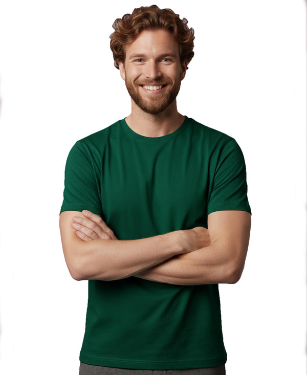 T.T. Men Eco Friendly Cotton Blended Fabric Solid Round Neck Regular Fit Bottle Green