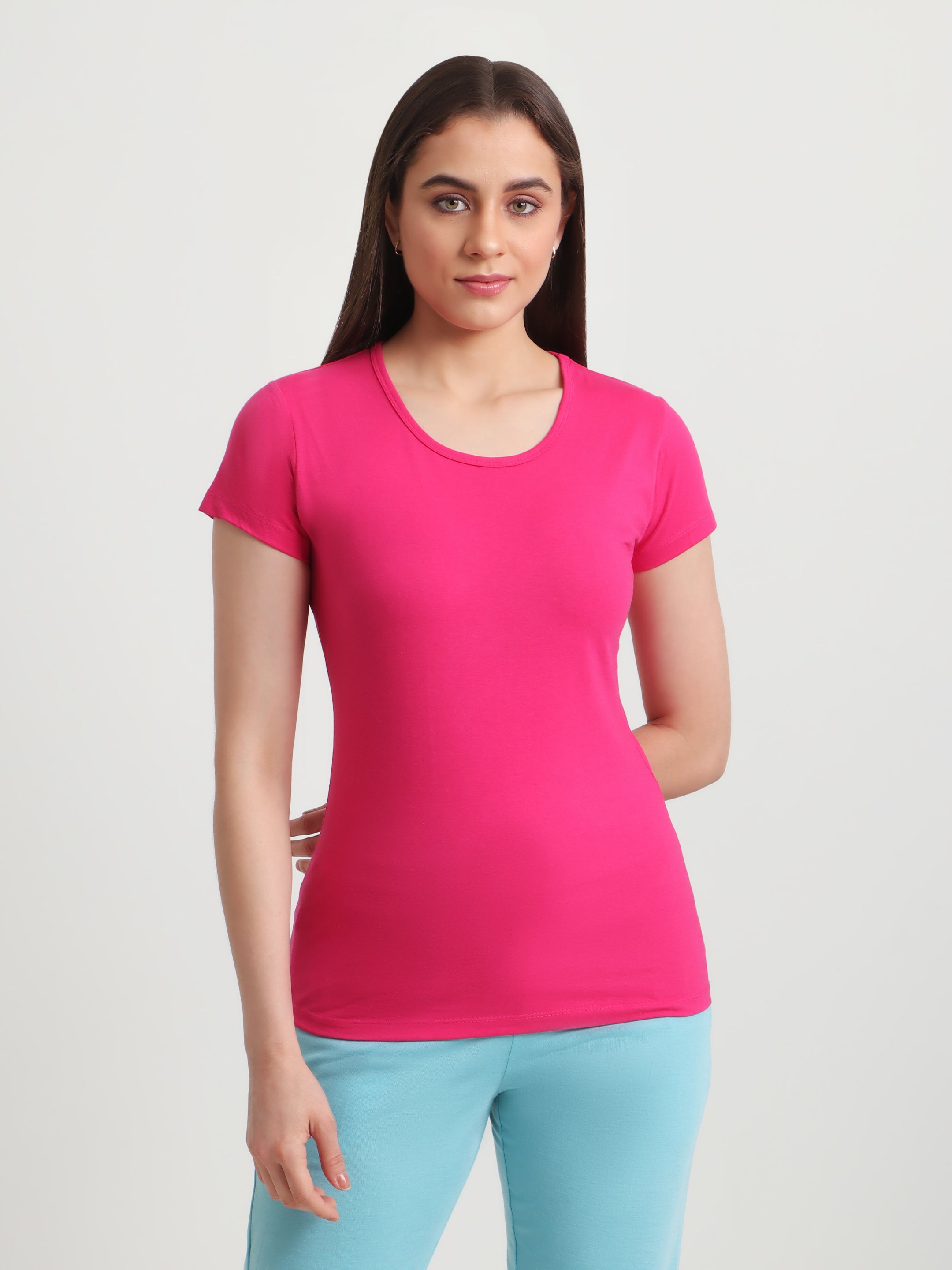 T.T. Women Slim Fit 100% Cotton Cool Round Neck Half Sleev Solid Tshirt  Fuchsia