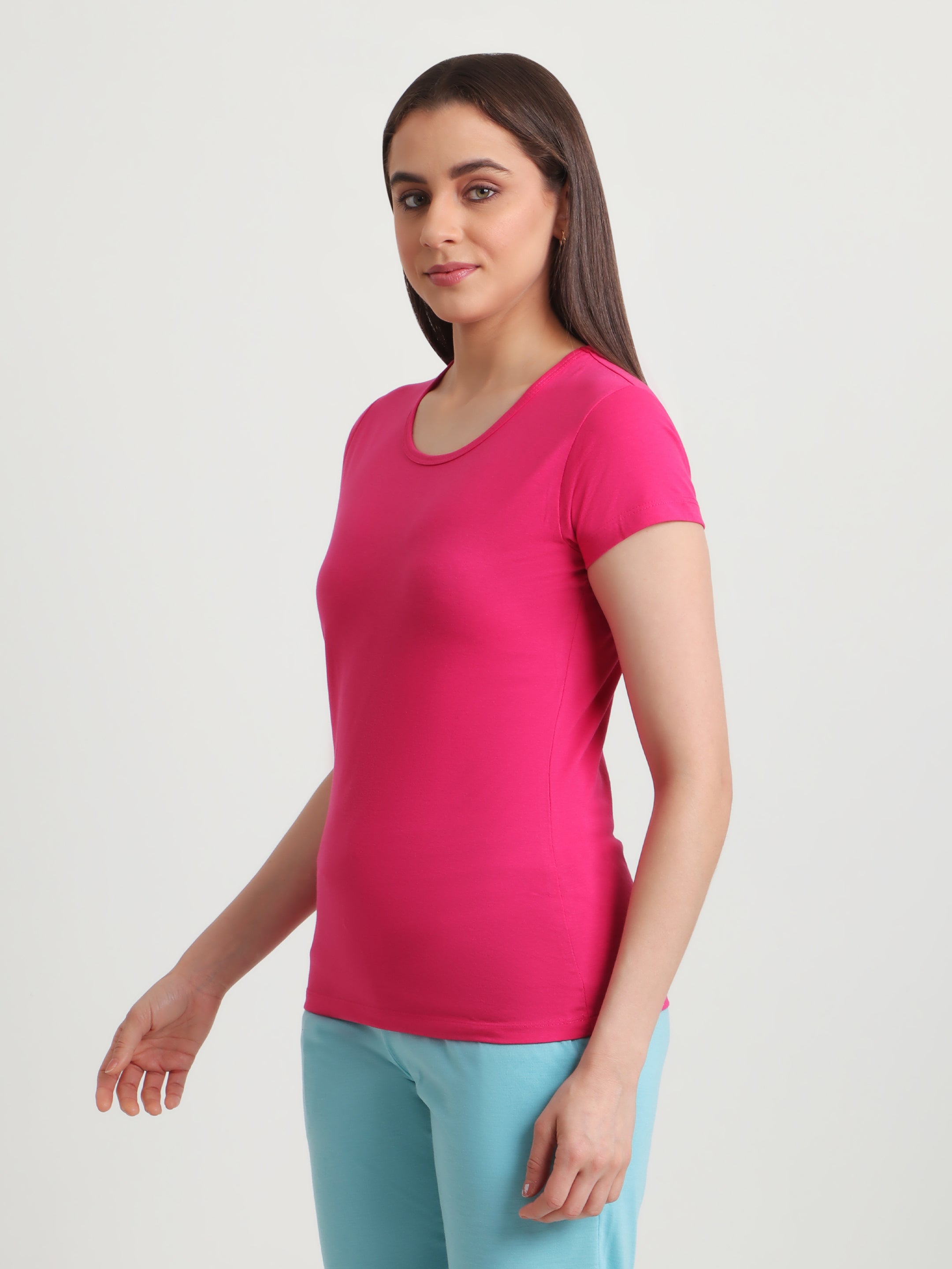 T.T. Women Slim Fit 100% Cotton Cool Round Neck Half Sleev Solid Tshirt  Fuchsia