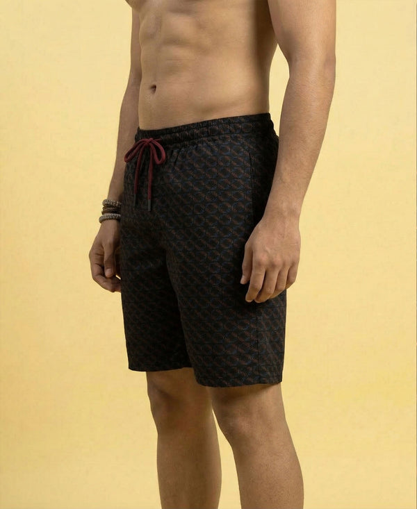 T.T. Men Regular Fit Cotton Polyster Printed Short With Zip Pocket Black Geometric