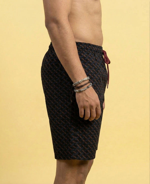 T.T. Men Regular Fit Cotton Polyster Printed Short With Zip Pocket Black Geometric