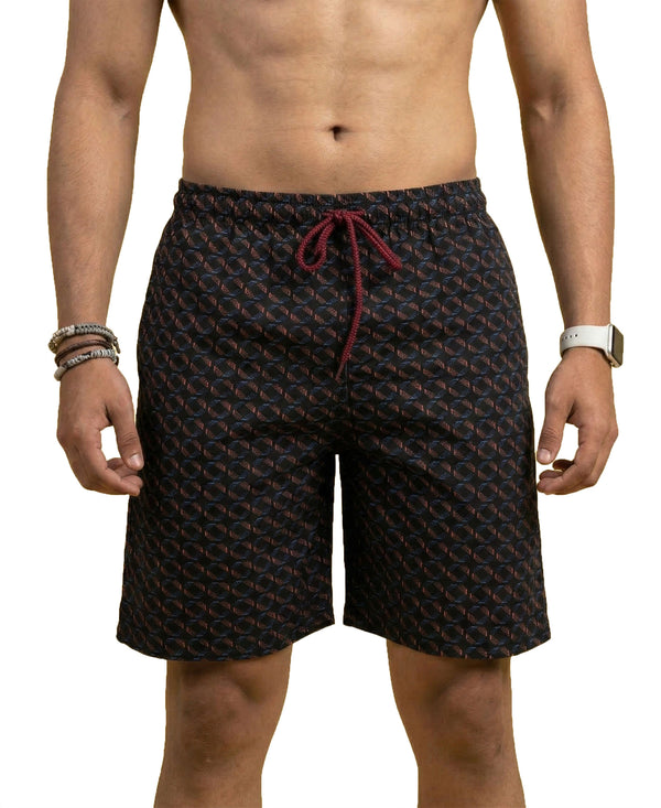 T.T. Men Regular Fit Cotton Polyster Printed Short With Zip Pocket Black Geometric