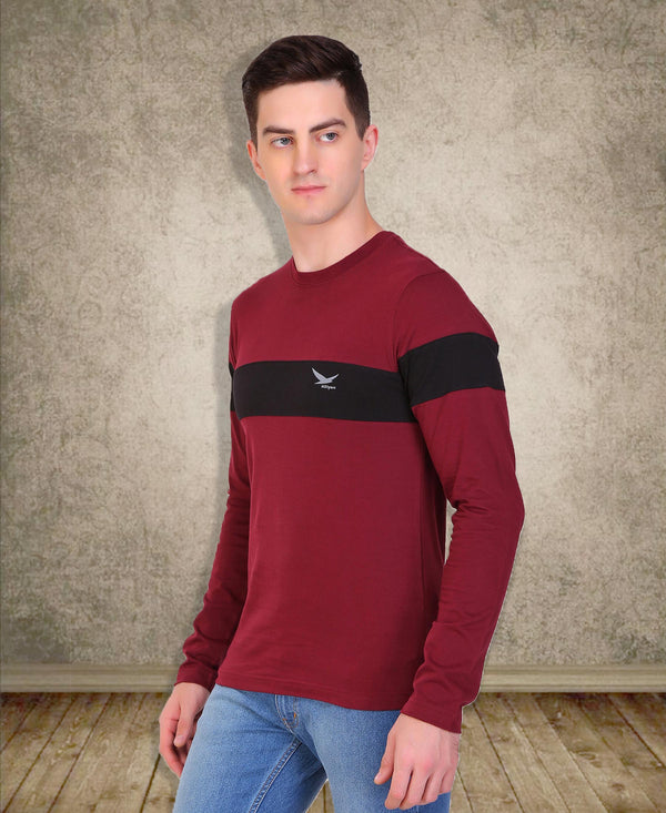 HiFlyers Men Round Neck Full Sleeve Cut & Sew Maroon T-Shirt