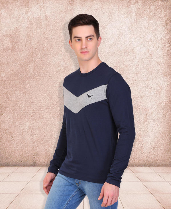 HiFlyers Men Round Neck Full Sleeve Cut & Sew Navy T-Shirt