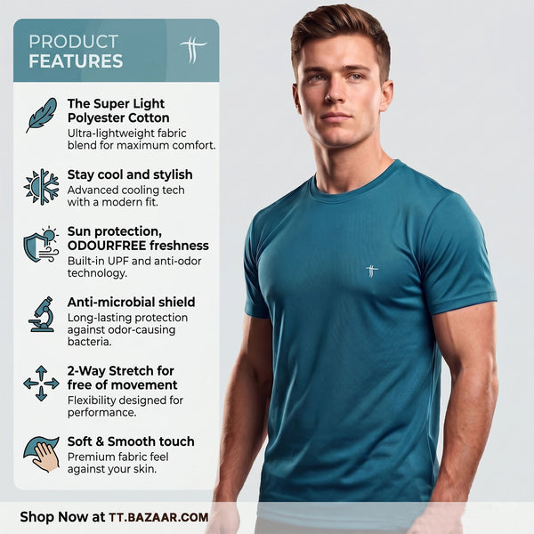 T.T. Men Dri-Fit Polyester Dot- Knit Fabric Round Neck Tees Teal
