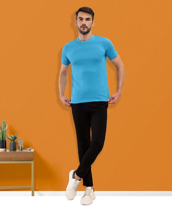 T.T. Men Eco Friendly (Cotton Rich) Recycled Fabric Solid Round Neck Regular Fit Teal Blue