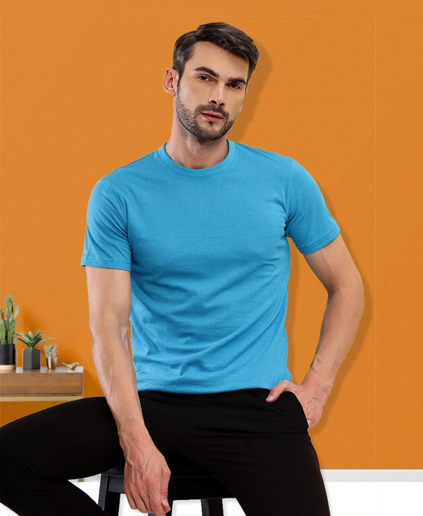 T.T. Men Eco Friendly (Cotton Rich) Recycled Fabric Solid Round Neck Regular Fit Teal Blue