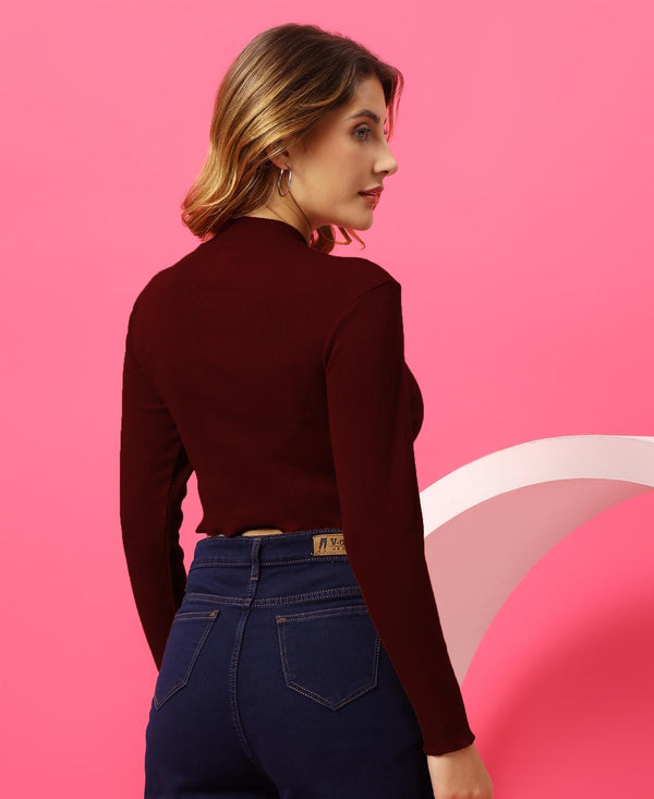 T.T. Women|Slim Fit Ribbed Top|Stretchable Cotton Rib Fabric| Trendy High Street Casual & Office Wear Full Sleeve Crop Tee|Desire Rib Tshirt For Women|Maroon