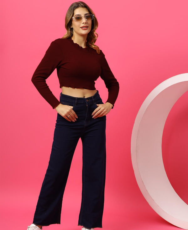 T.T. Women|Slim Fit Ribbed Top|Stretchable Cotton Rib Fabric| Trendy High Street Casual & Office Wear Full Sleeve Crop Tee|Desire Rib Tshirt For Women|Maroon