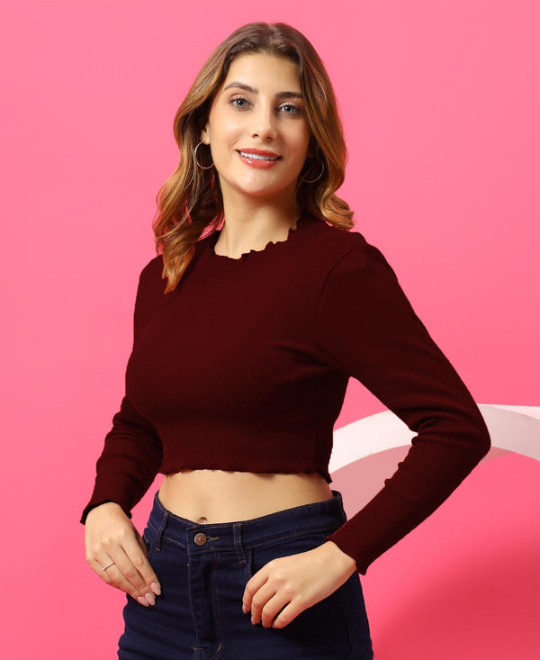 T.T. Women|Slim Fit Ribbed Top|Stretchable Cotton Rib Fabric| Trendy High Street Casual & Office Wear Full Sleeve Crop Tee|Desire Rib Tshirt For Women|Maroon