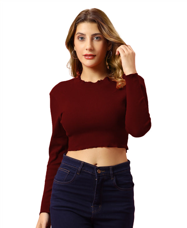 T.T. Women|Slim Fit Ribbed Top|Stretchable Cotton Rib Fabric| Trendy High Street Casual & Office Wear Full Sleeve Crop Tee|Desire Rib Tshirt For Women|Maroon