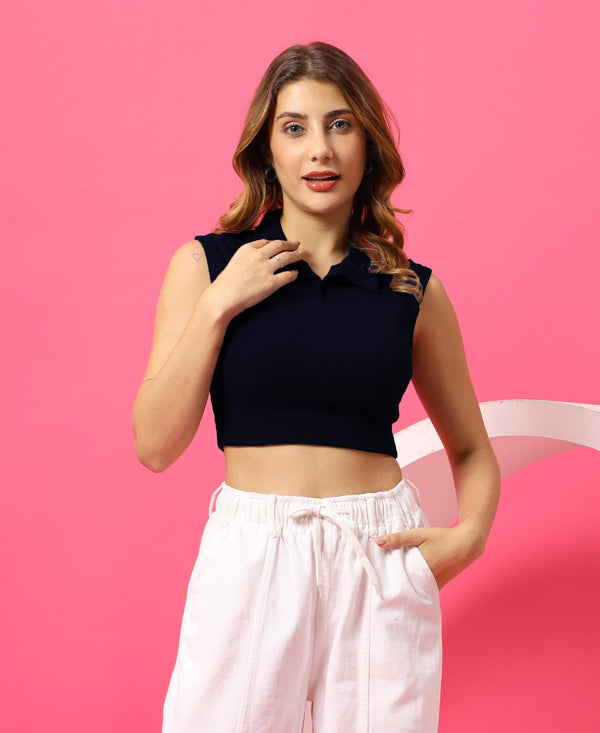 T.T. Women|Slim Fit Ribbed Tank Top|Stretchable Cotton Rib Fabric| Trendy High Street Casual & Office Wear Sleeveless Crop Tee|Desire Rib Polo Tshirt For Women|Navy Blue