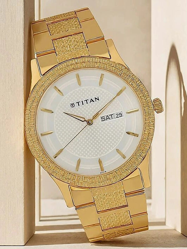 Karishma with Day & Date White Dial Golden SS Strap Analog Watch- For Men